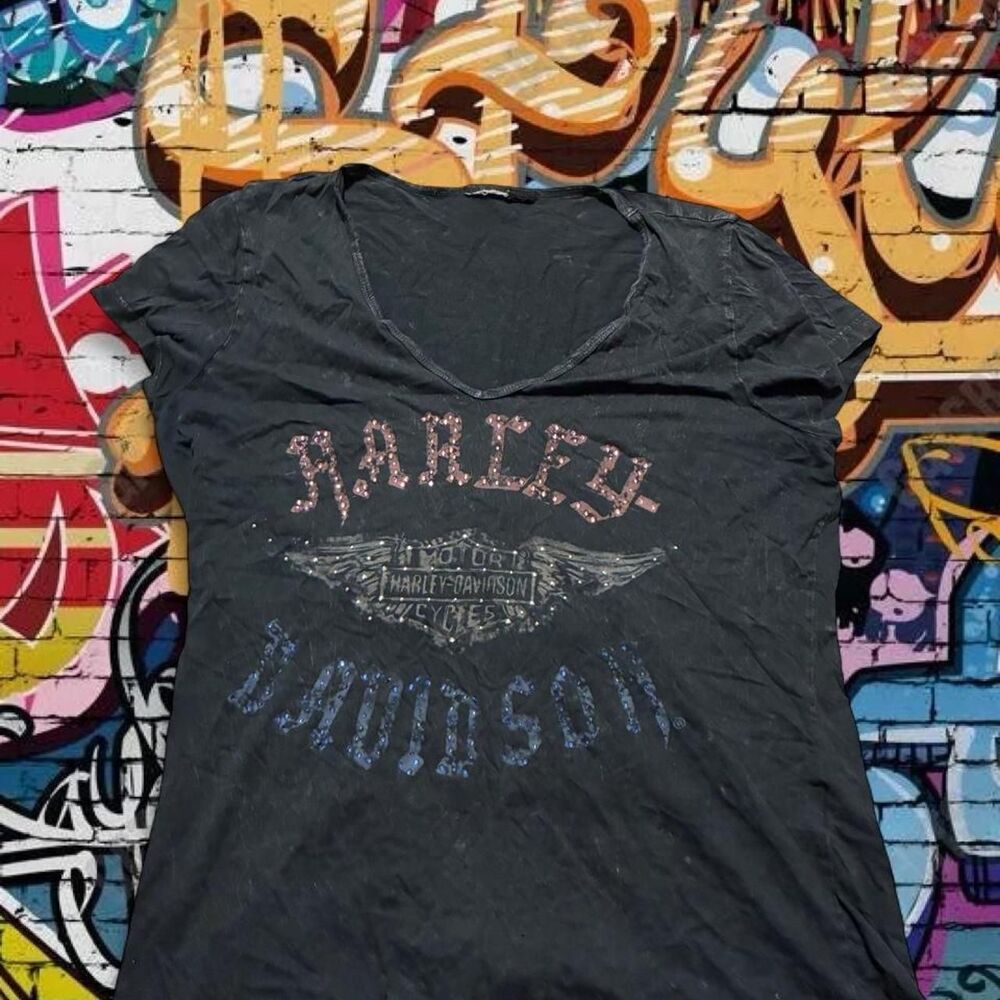 Harley-davidson Women's Black and Grey T-shirt